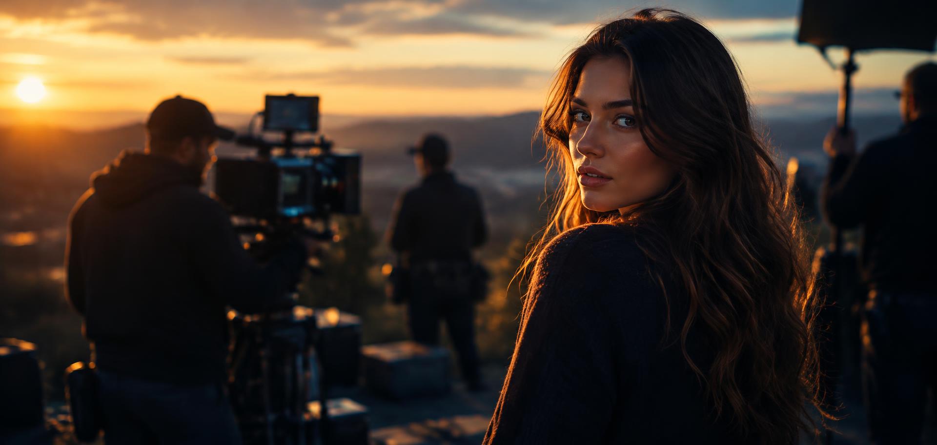 Actress on a film set at sunset
